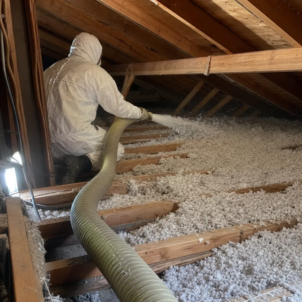 Professional contractor installing blown-in attic insulation