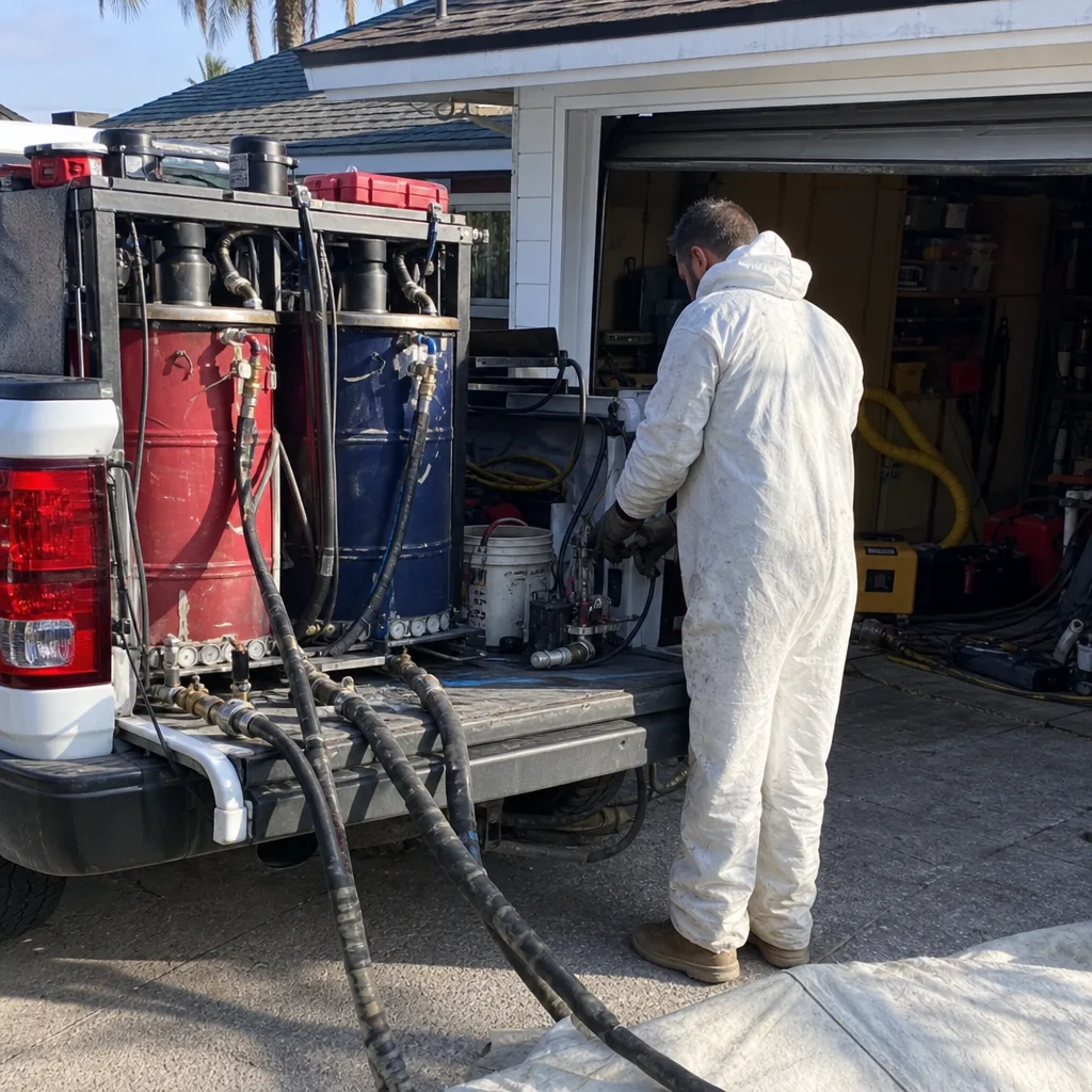 Technician operating professional spray foam insulation equipment on a utility truck