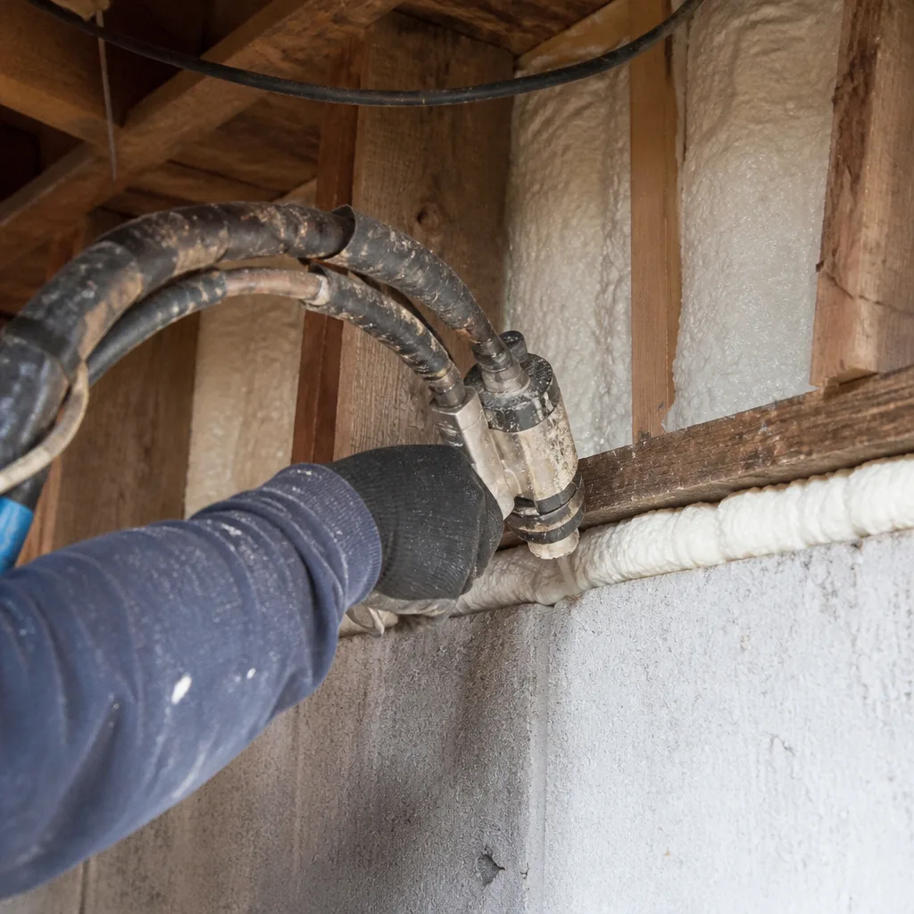 Professional applying spray foam insulation to a wooden wall frame